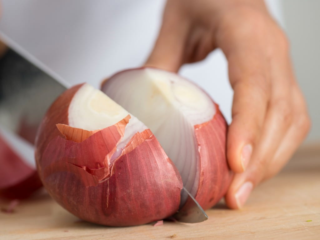 close up of person chopping an onion