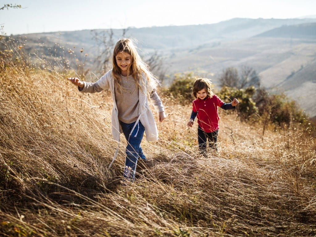 kids walking in tall grass among cockleburs