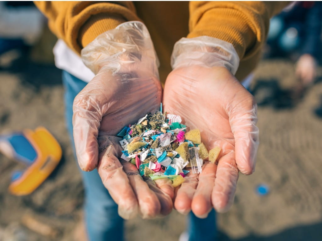 gloved hands holding microplastics