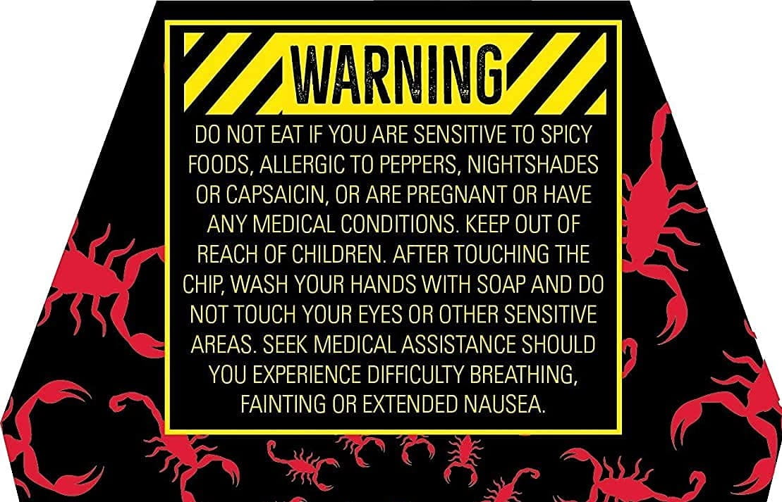 Paqui one chip challenge warning on package label