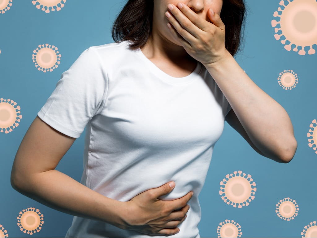 Nauseous woman holding her mouth and stomach surrounded by viruses