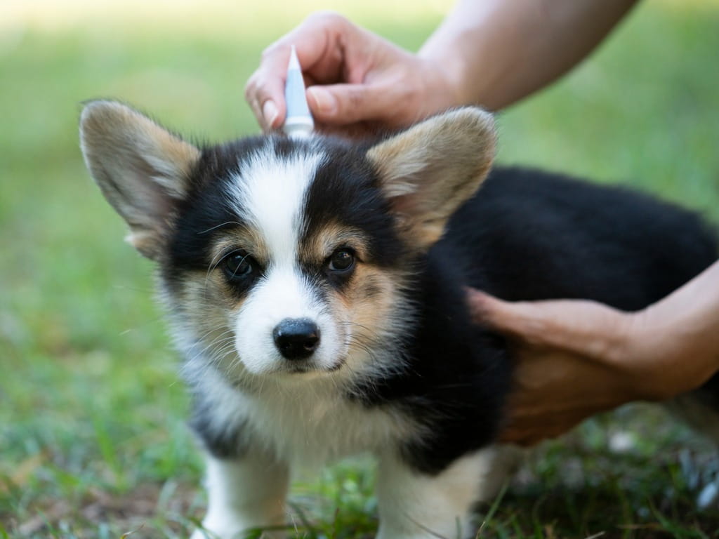 woman applying flea treatment to her dog