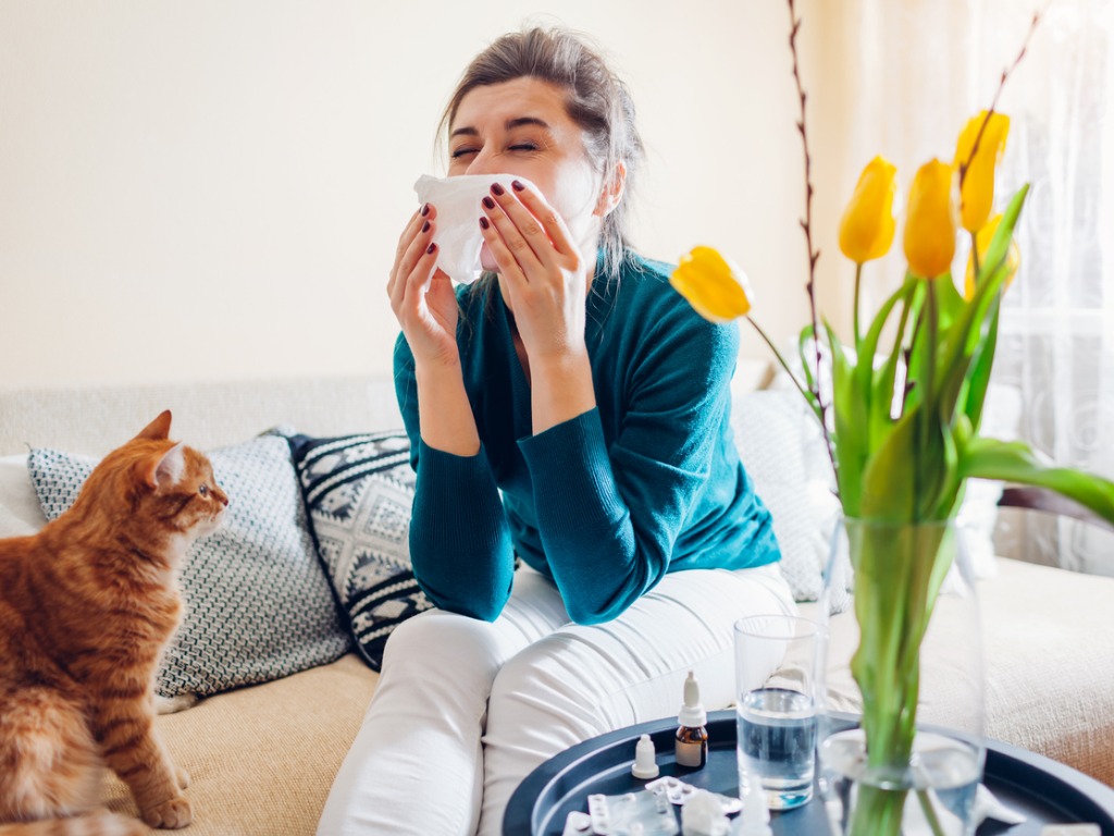 woman sneezing surrounded by plant and cat