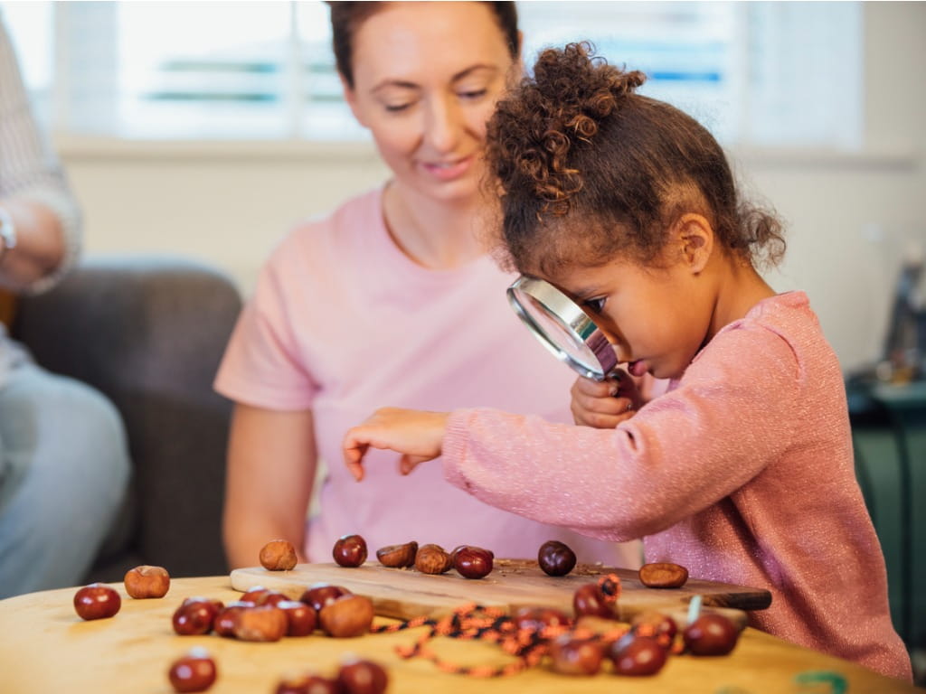 little girl looking at chestnuts through a magnifying glass